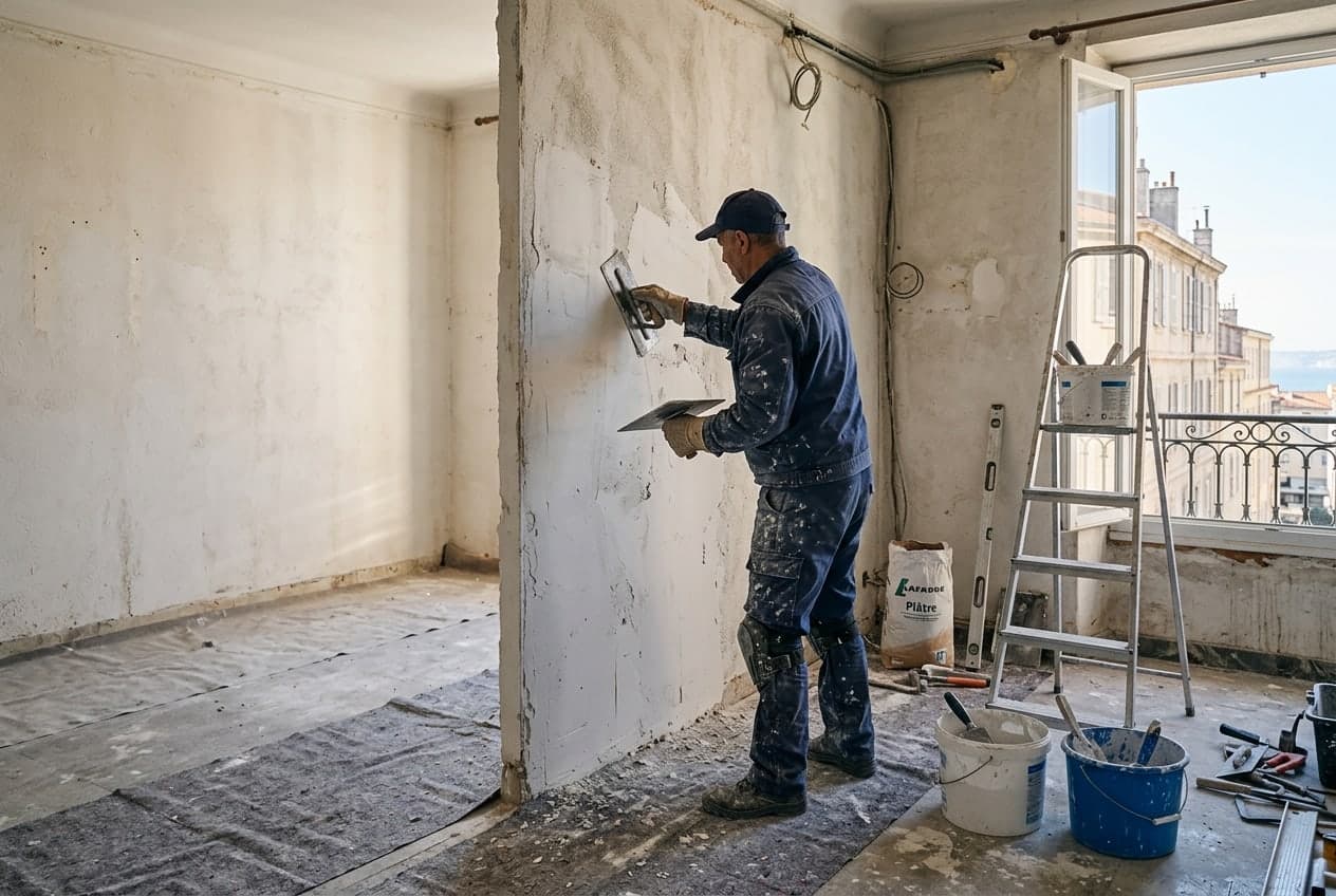 Artisan appliquant l'enduit au platoir sur un mur, dans un appartement marseillais en rénovation